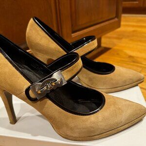 Calvin Klein Audra MaryJane Pumps Camel Suede w Dark Brown Patent Leather trim 9